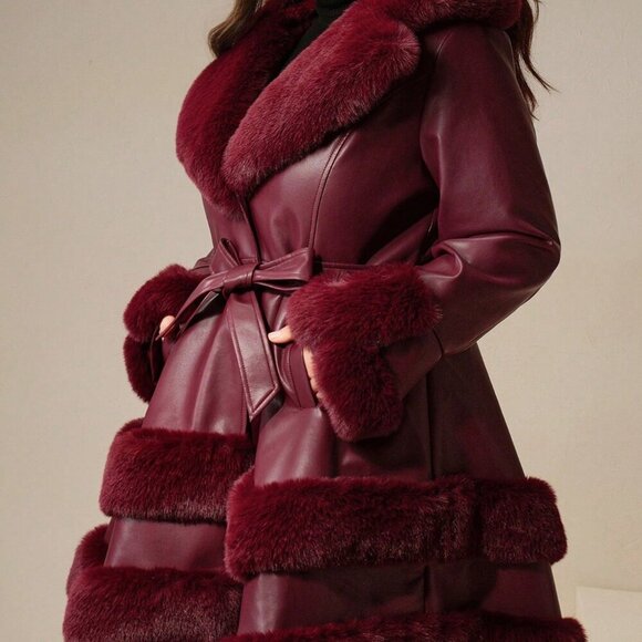 Burgundy Elegant Women's Fluffy Furry Jacket - Picture 3 of 7